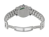 a close up of a watch on a metal bracelet with a white background