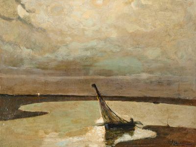 painting of a boat in a body of water on a cloudy day