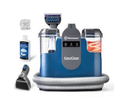 an image of a blue and silver vacuum cleaner and other cleaning supplies