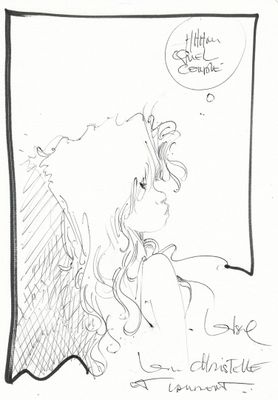 dessin représentant une femme assise devant une fenêtre, avec un oiseau sur l'épaule