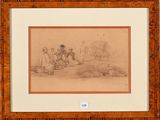 an old drawing of a man and a woman in a village