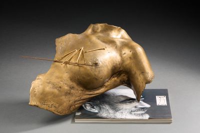 une sculpture représentant une tête d'homme posée sur un livre