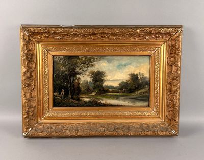 une peinture à l'huile représentant une scène au bord d'une rivière, avec un homme et un chien