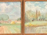 deux tableaux représentant une scène de campagne avec une route et une maison