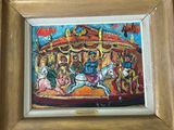 tableau représentant un carrousel avec des chevaux et des personnages, dans un cadre en bois