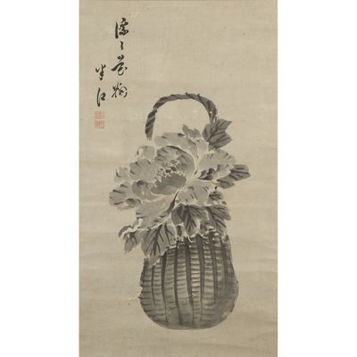 an oriental painting of a basket with flowers in it