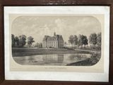 an old picture of a large building with a pond in front of it