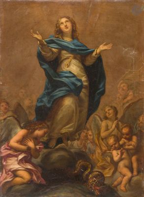 un tableau représentant une femme en robe bleue debout au sommet d'un rocher
