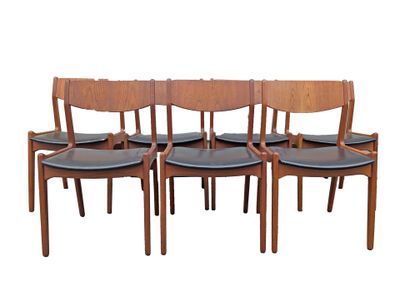 set of six danish teak dining chairs with black leather seats