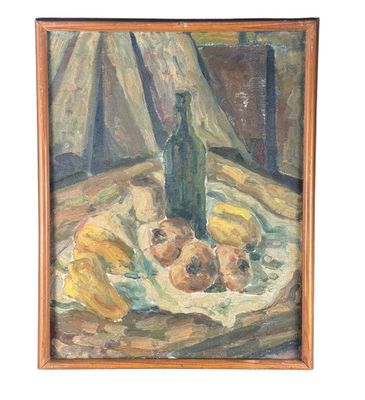 painting of a still life with a bottle of wine and fruit on a table