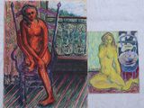 deux tableaux représentant une femme assise sur une chaise, à côté d'un tableau représentant une femme assise sur une chaise