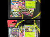 deux paquets de cartes à collectionner Pokémon dans des sachets en plastique, sur fond noir