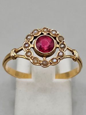 Bague OR avec pierre entourée de demies perles, doigt 60, po… - Photo 1