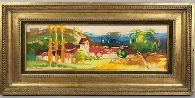 une peinture à l'huile représentant un paysage avec une maison et des arbres au premier plan