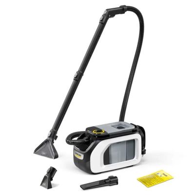 a black and white vacuum cleaner with a yellow cleaning cloth