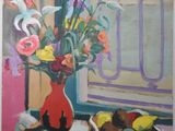 a painting of a vase of flowers and fruit on a table