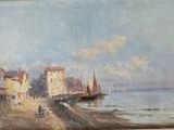 a painting of a beach scene with boats on the water