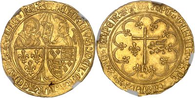 a gold coin with a cross on the front and a shield on the back