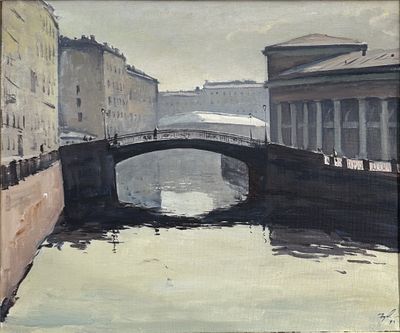 a painting of a bridge over a river with buildings in the background