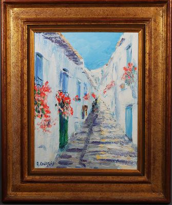 une peinture à l'huile représentant une ruelle bordée de fleurs, dans un cadre doré