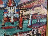 a picture of a painting of boats on the water