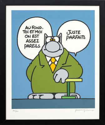 cartoon of a cat in a suit sitting at a desk with two speech bubbles above his head