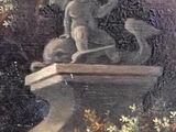 a painting of a dog and a cat sitting on a ledge