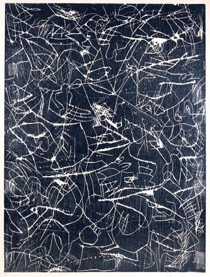 une peinture en noir et blanc sur laquelle figurent des lignes blanches