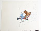 une image représentant un dessin d'un Smurch tenant une chaise en bois
