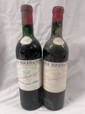 two bottles of red wine sitting next to each other on a white surface
