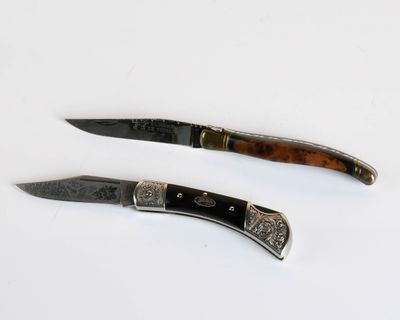 pair of two knives with silver and wood handles on a white surface