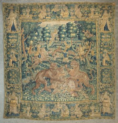 une image représentant une tapisserie avec des animaux dans une forêt
