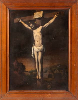 a painting of jesus on the cross with a wooden frame