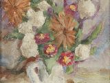 a painting of flowers in a white vase on a table