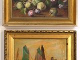 two paintings of boats and fruit on display in a gold frame