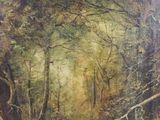 painting of a forest scene with a stream in the foreground and trees in the background