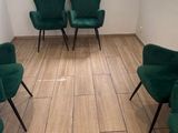 Plusieurs chaises vertes sont disposées en cercle dans une pièce.