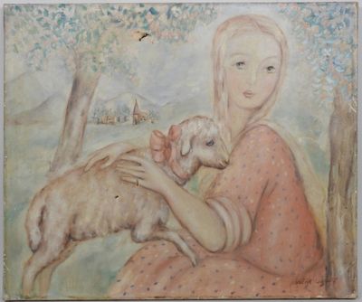 a painting of a woman holding a lamb in front of a tree
