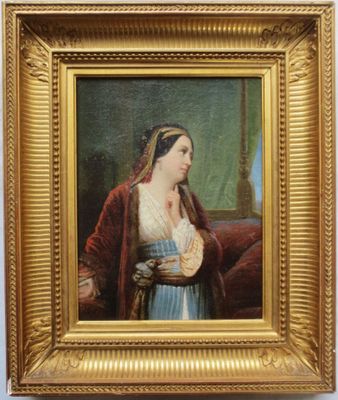 painting of a woman with a basket in her hand in a gold frame
