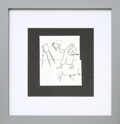 dessin représentant un homme assis sur une chaise avec un chien