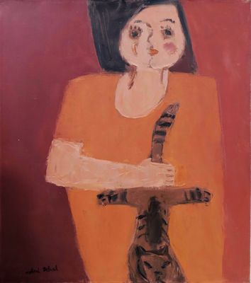 tableau représentant une femme tenant un couteau à la main et un chat sur ses genoux