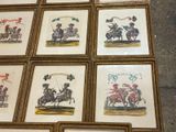 several framed pictures of people riding horses in a row on a floor