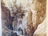 an old picture of a man and a woman sitting on a bench in a canyon