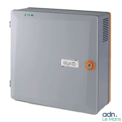 a close up of a metal box with a button on it