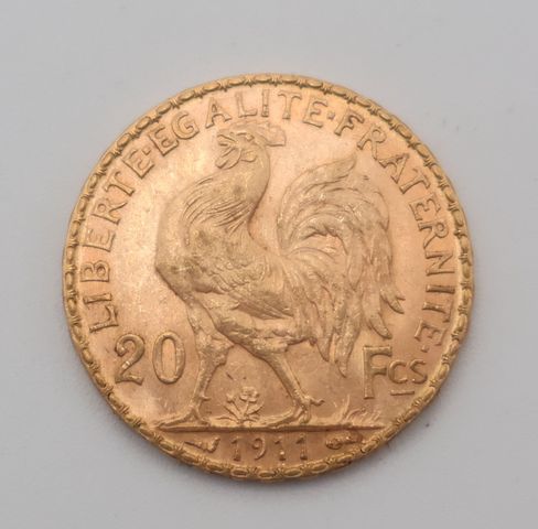 Pièce de monnaie en or à valeur faciale de vingt francs 1911. Fra...