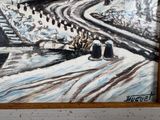 a painting of a train on the tracks in the snow