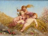 une image représentant un tableau montrant un couple de chérensils dans un champ de foin