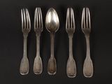six forks and spoons are arranged in a row on a black surface