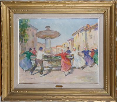 une peinture à l'huile représentant un groupe de personnes dansant autour d'une fontaine