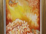 painting of a group of people standing in front of an orange sky